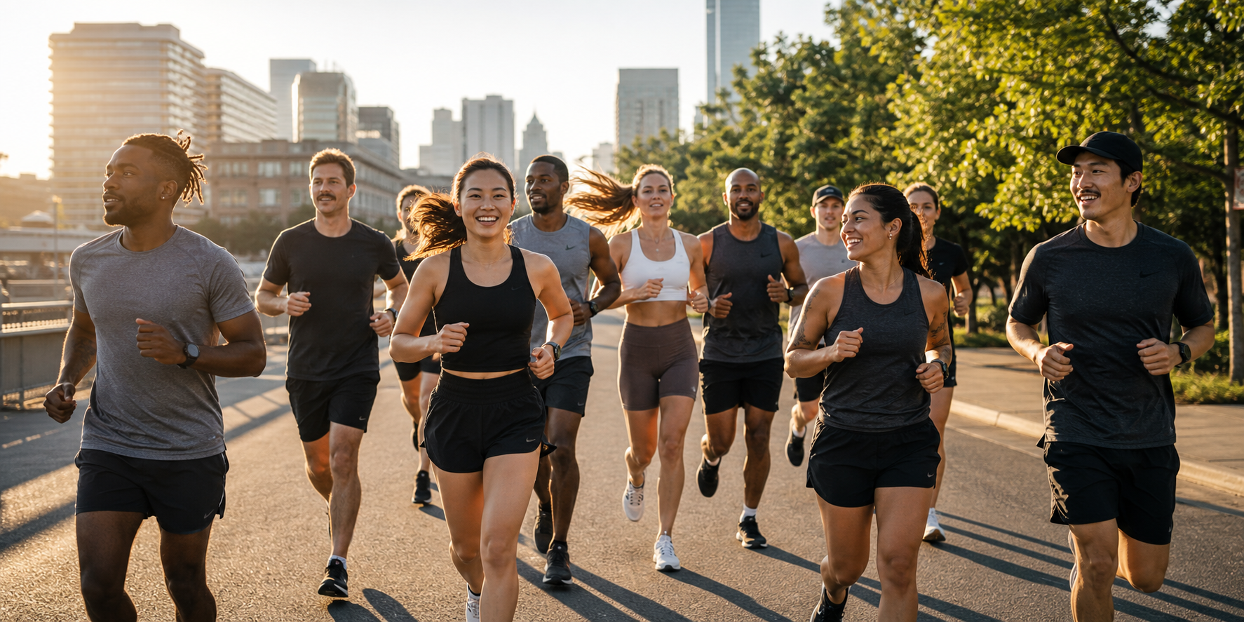 A run club jogging together through the city